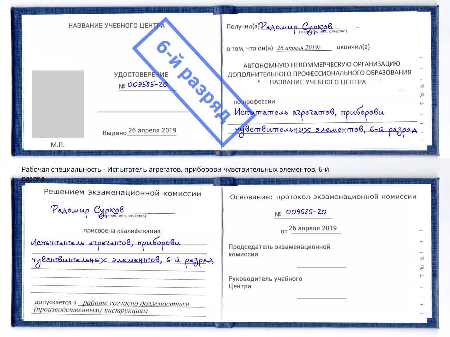 корочка 6-й разряд Испытатель агрегатов, приборови чувствительных элементов Череповец