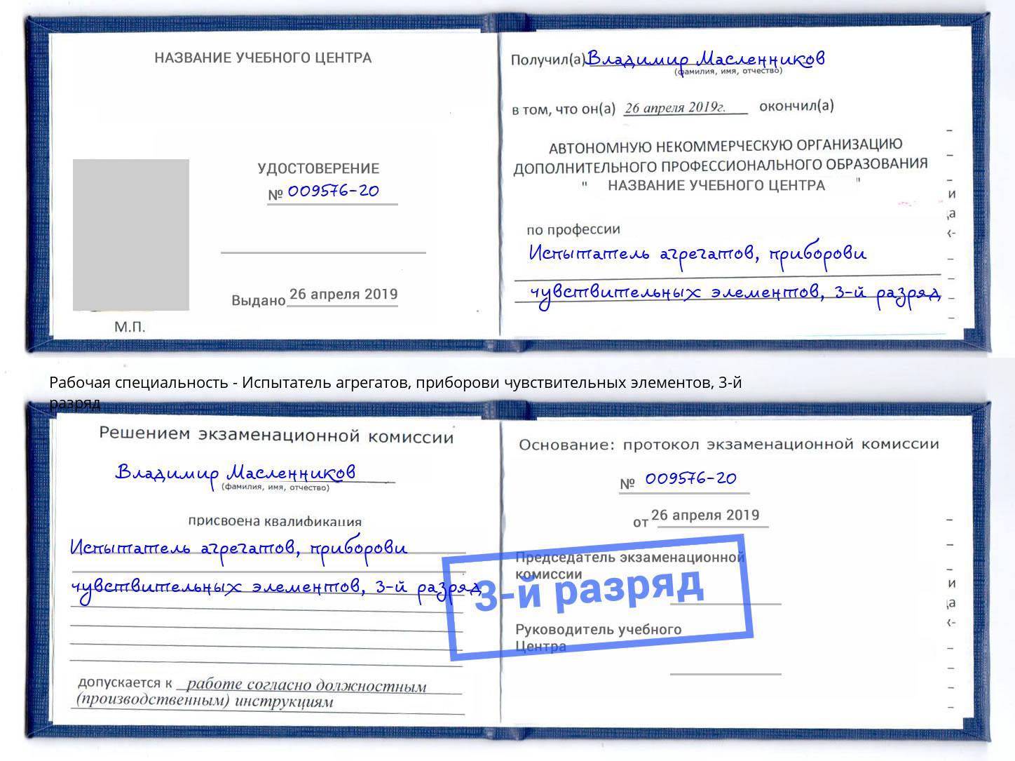 корочка 3-й разряд Испытатель агрегатов, приборови чувствительных элементов Череповец