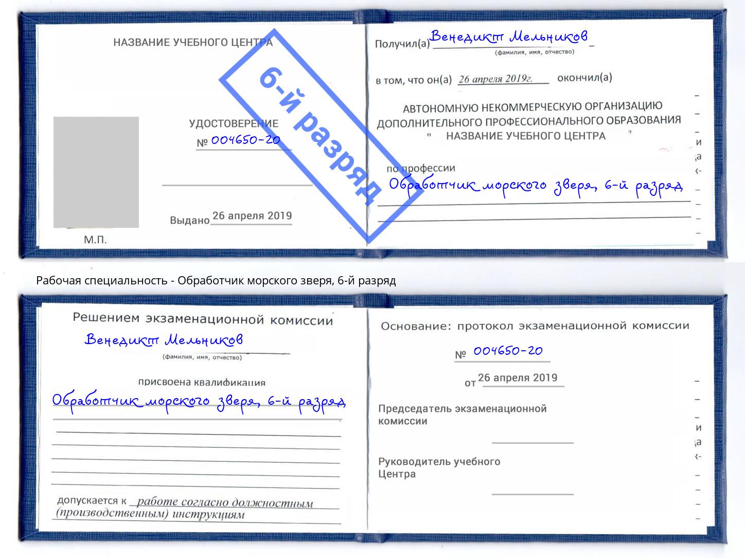корочка 6-й разряд Обработчик морского зверя Череповец