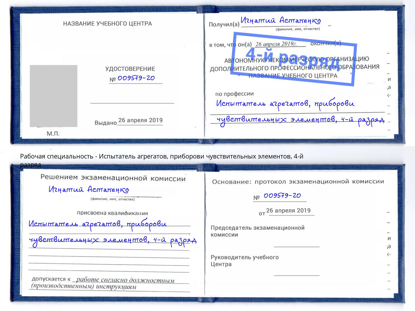 корочка 4-й разряд Испытатель агрегатов, приборови чувствительных элементов Череповец