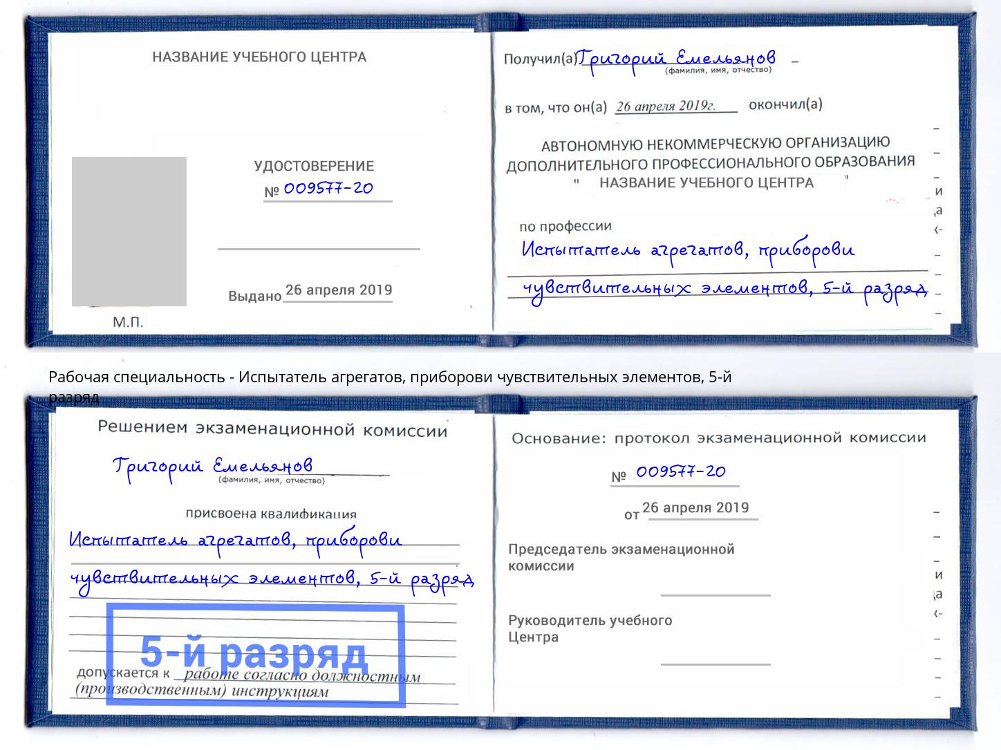 корочка 5-й разряд Испытатель агрегатов, приборови чувствительных элементов Череповец