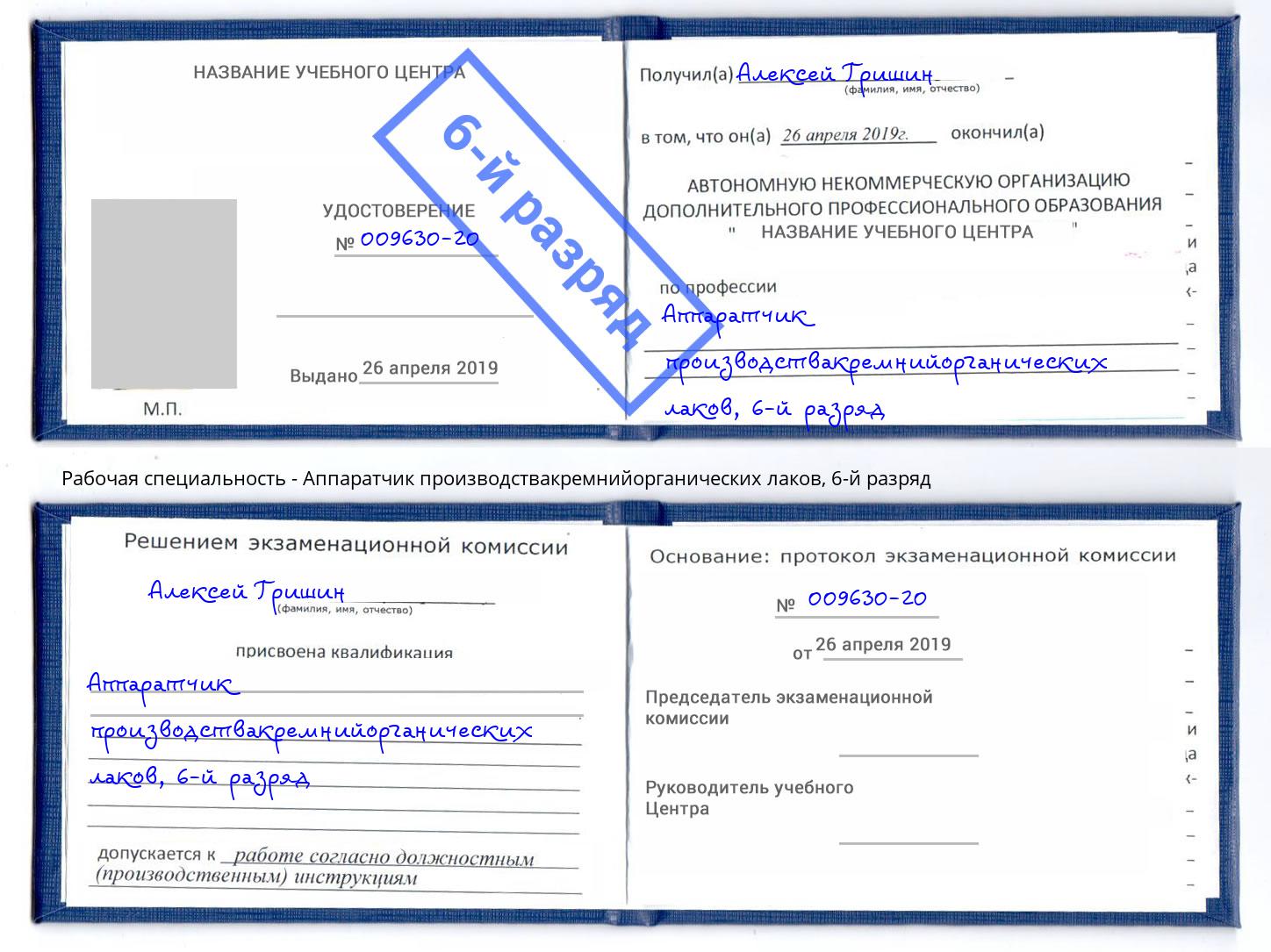 корочка 6-й разряд Аппаратчик производствакремнийорганических лаков Череповец